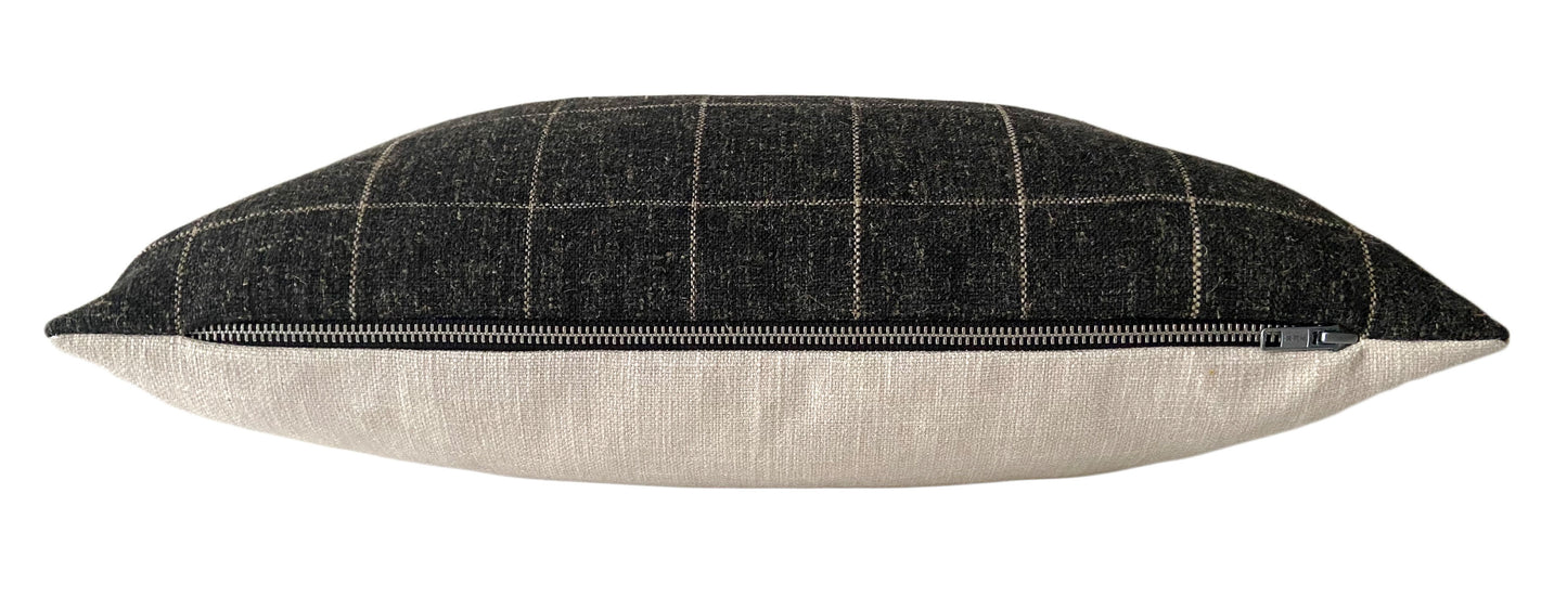 Charcoal Grey & Cream Check Lumbar Pillow Cover