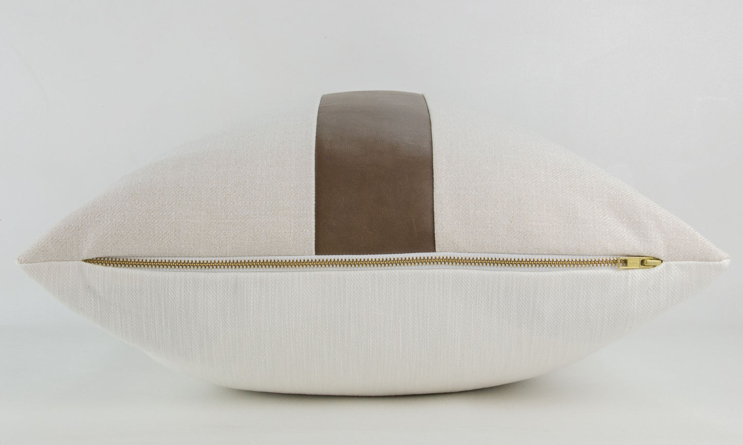Faux Vegan Leather & Beige Color Block Stripe Pillow Cover, 20x20"