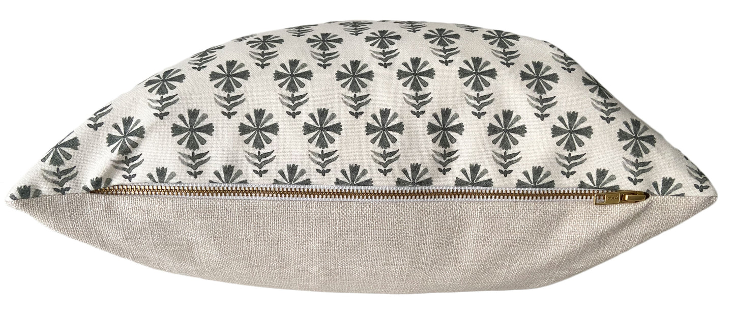 Grey Block Print Pillow Zipper Detail