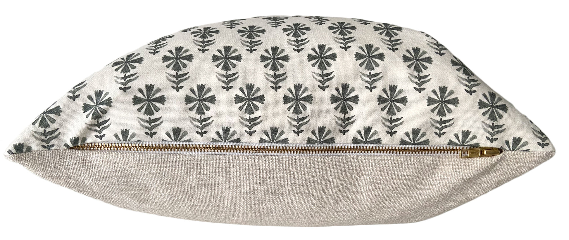 Grey Block Print Pillow Zipper Detail