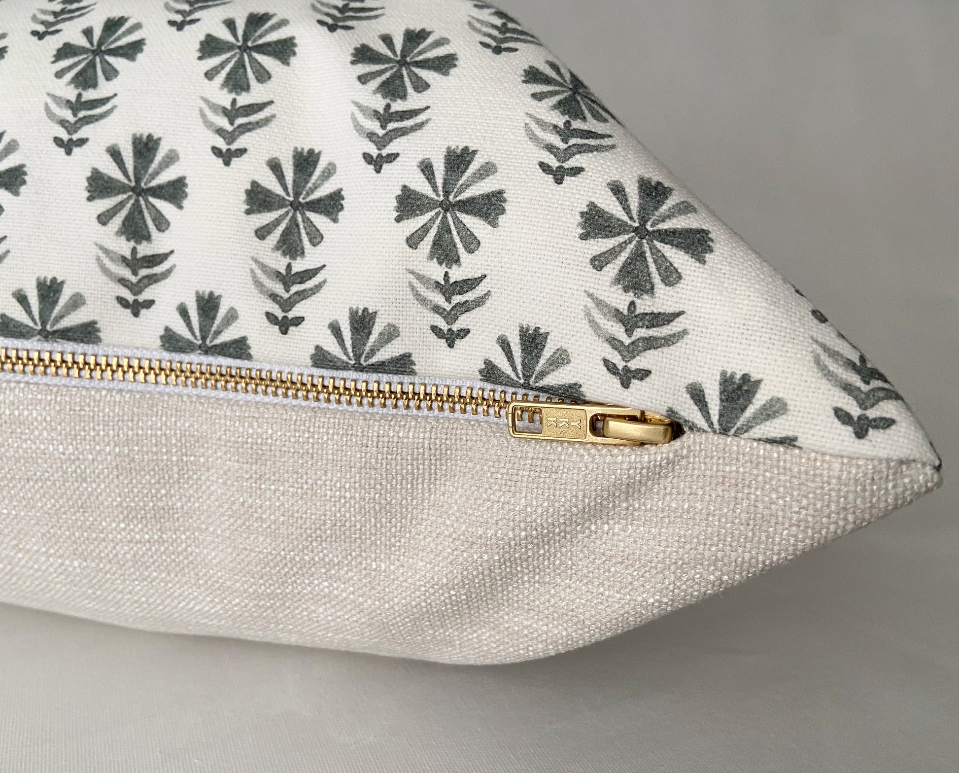 Grey Block Print Pillow Zipper Detail