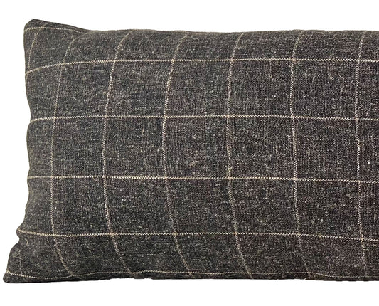 Charcoal Grey & Cream Check Long Lumbar Pillow Cover, 14x36"