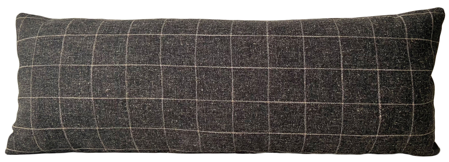 Charcoal Grey & Cream Check Long Lumbar Pillow Cover, 14x36"
