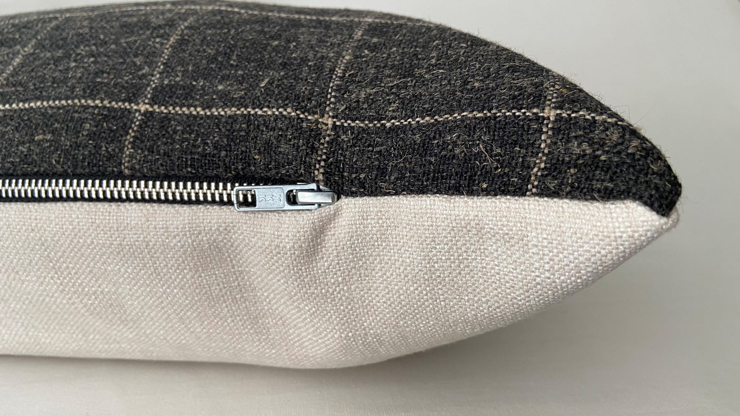 Charcoal Grey & Cream Check Long Lumbar Pillow Cover, 14x36"