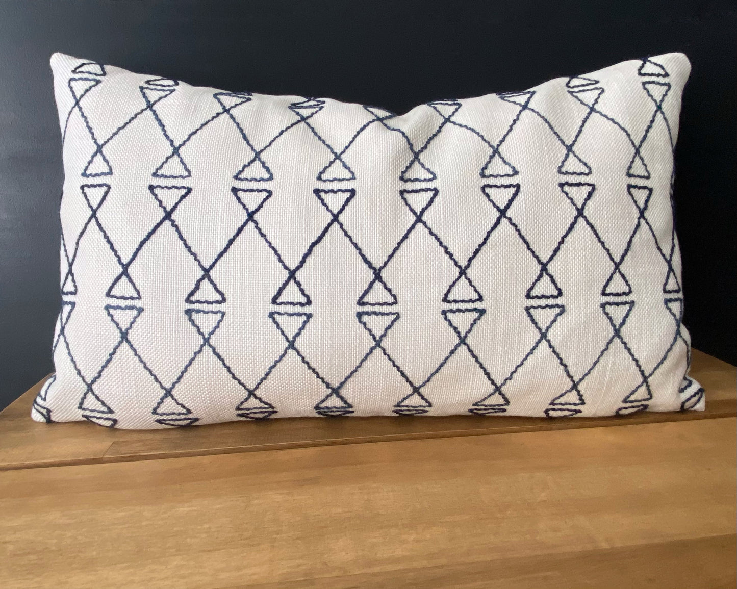 White & Navy Blue Embroidered Lumbar Pillow Cover, 12x20"