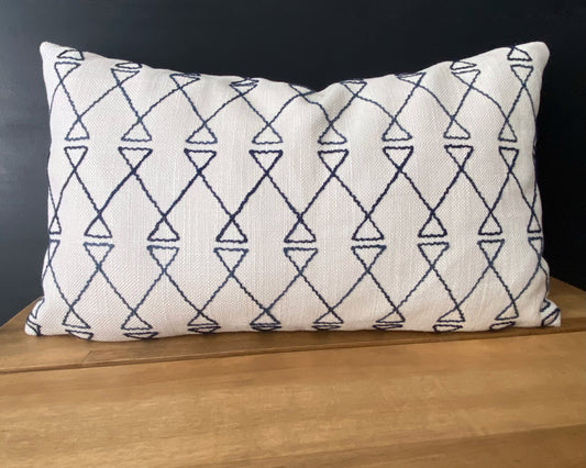 White & Navy Blue Embroidered Lumbar Pillow Cover, 12x20"
