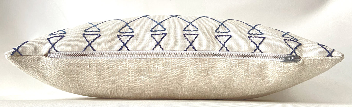 White & Navy Blue Embroidered Lumbar Pillow Cover, 12x20"