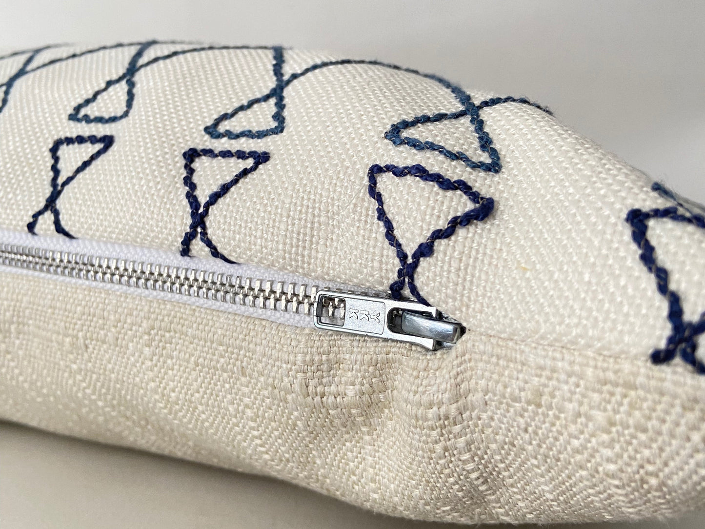 White & Navy Blue Embroidered Lumbar Pillow Cover, 12x20"