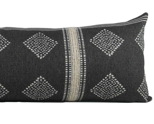 Charcoal Grey & Cream Tribal Pillow Cover, 14x36" long lumbar