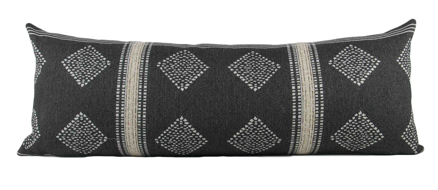 Charcoal Grey & Cream Tribal Pillow Cover, 14x36" long lumbar