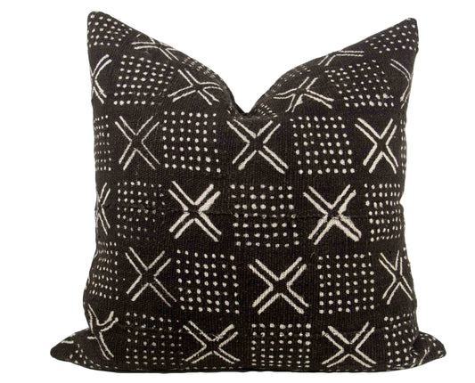 Black Mudcloth Pillow Cover 20x20", black back