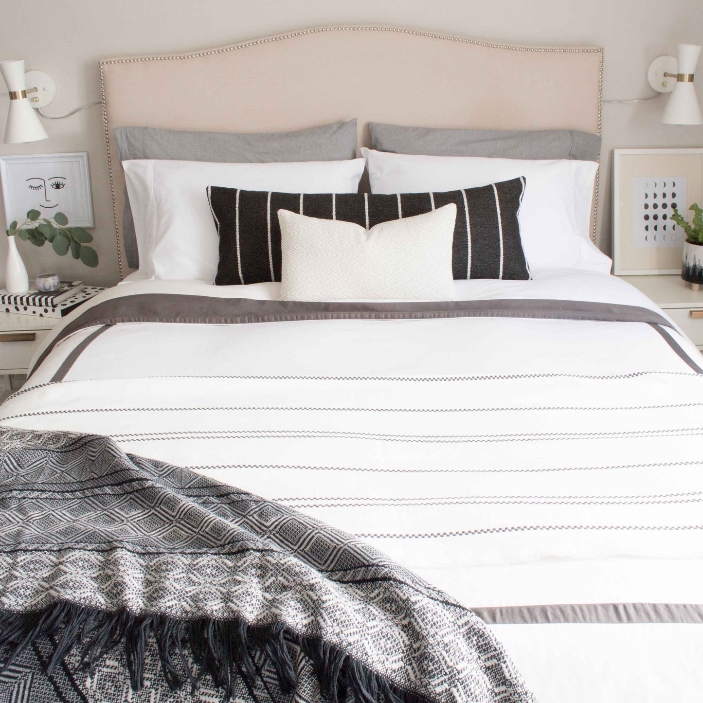 Black & White Rustic Stripe Pillow Cover, long lumbar
