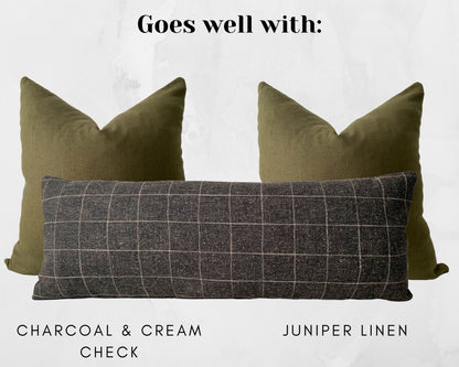 Charcoal Grey & Cream Check Long Lumbar Pillow Cover, 14x36"