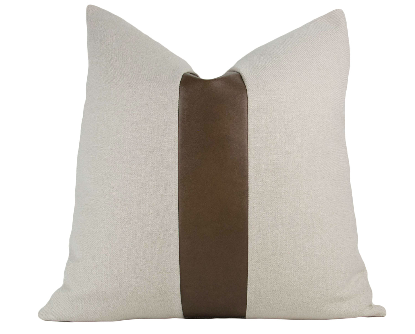 Faux Vegan Leather & Beige Color Block Stripe Pillow Cover, 20x20"