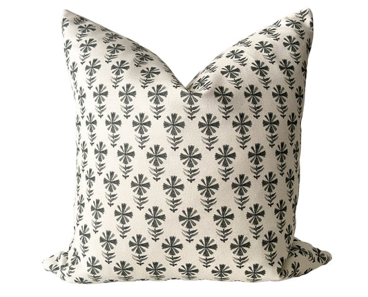 Grey Modern Block Print Floral Pillow Cover