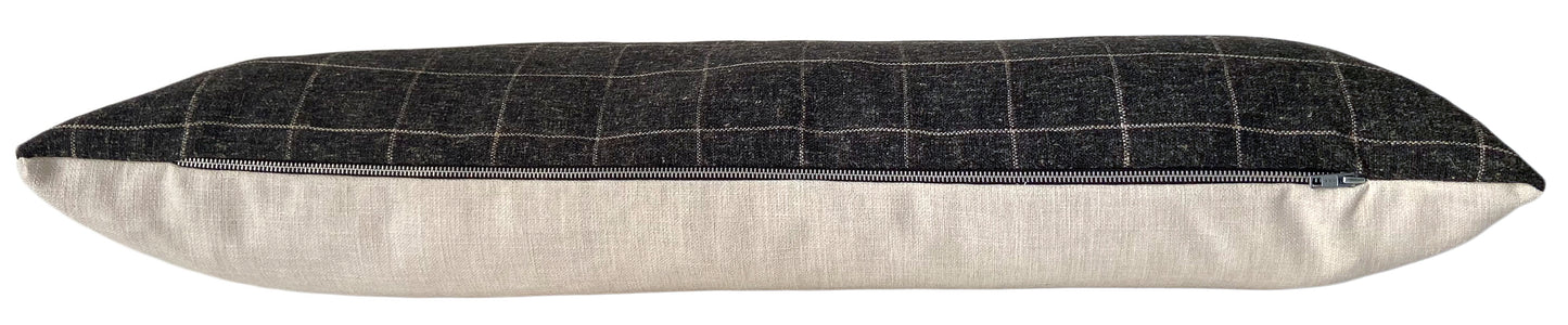 Charcoal Grey & Cream Check Long Lumbar Pillow Cover, 14x36"