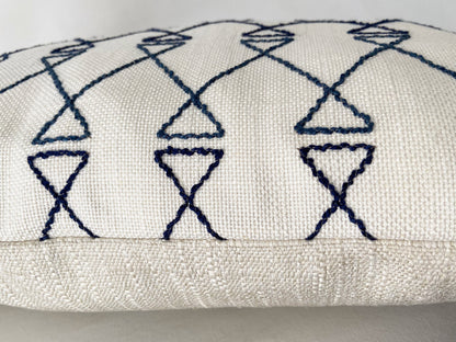 White & Navy Blue Embroidered Lumbar Pillow Cover, 12x20"