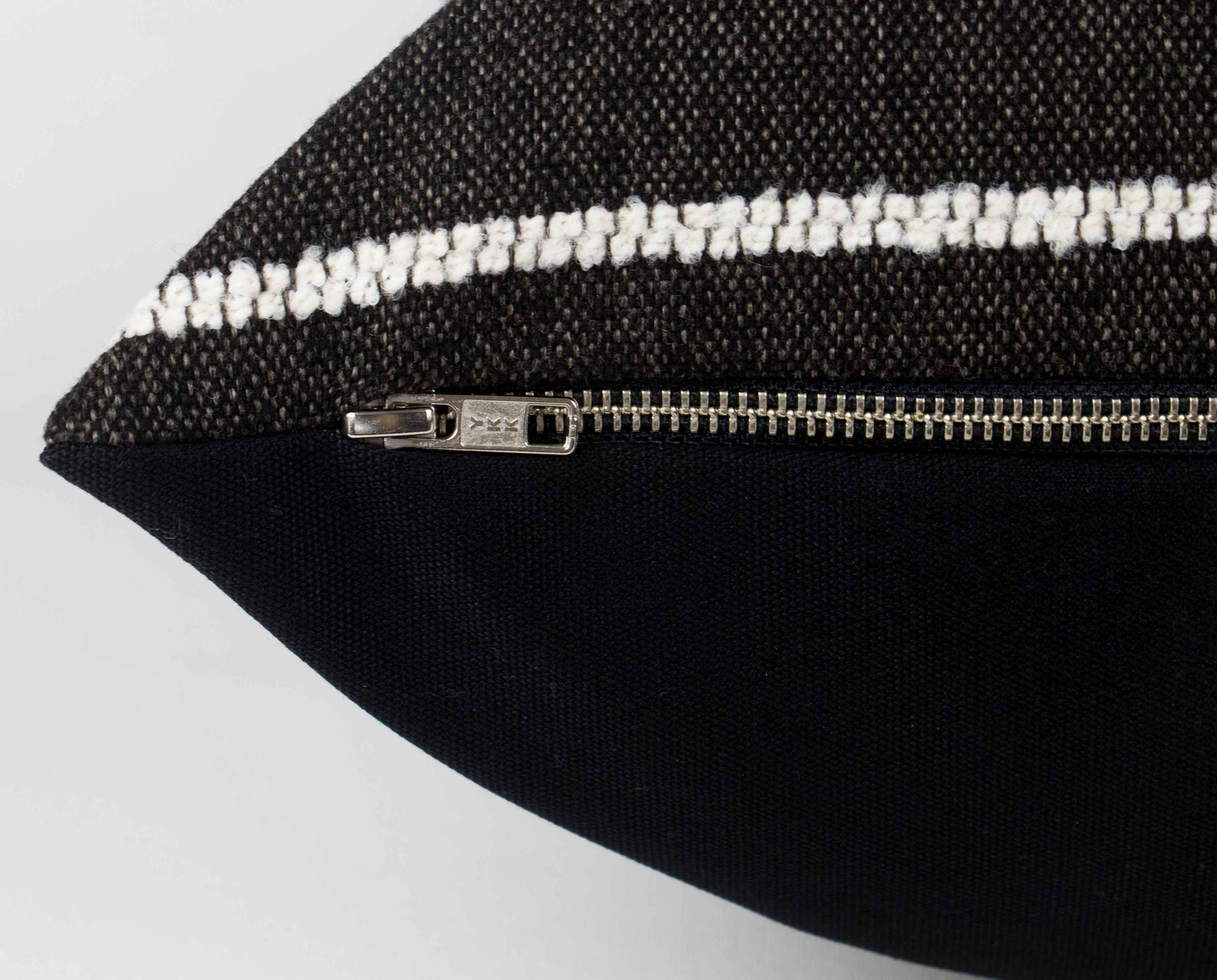 Black & White Rustic Stripe Pillow, zipper detail