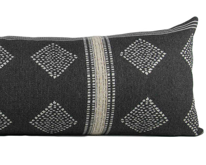Charcoal Grey & Cream Tribal Pillow Cover, 14x36" long lumbar