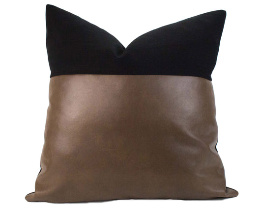 Black Linen & Caramel Vegan Leather Pillow Cover, 20x20"