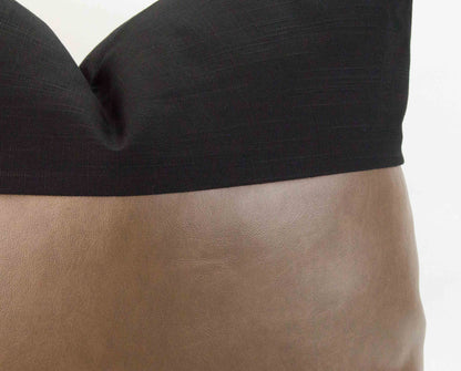 Black Linen & Caramel Vegan Leather Pillow Cover, 20x20"