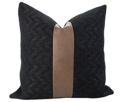 Black Textured & Caramel Vegan Leather Pillow Cover, 20x20"