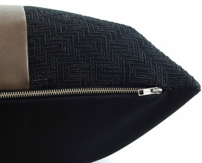 Black Textured & Caramel Vegan Leather Pillow Cover, 20x20"